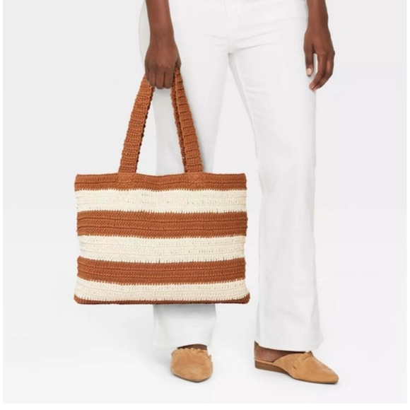 a new day Handbags - Striped Crochet Tote Bag Brown‎ Cream Casual Beach Shoulder Bag